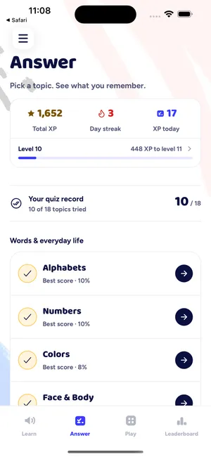 Answer tab with quiz topics