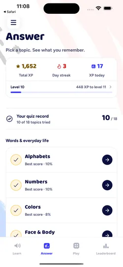 Luuqad Answer tab with quiz topics