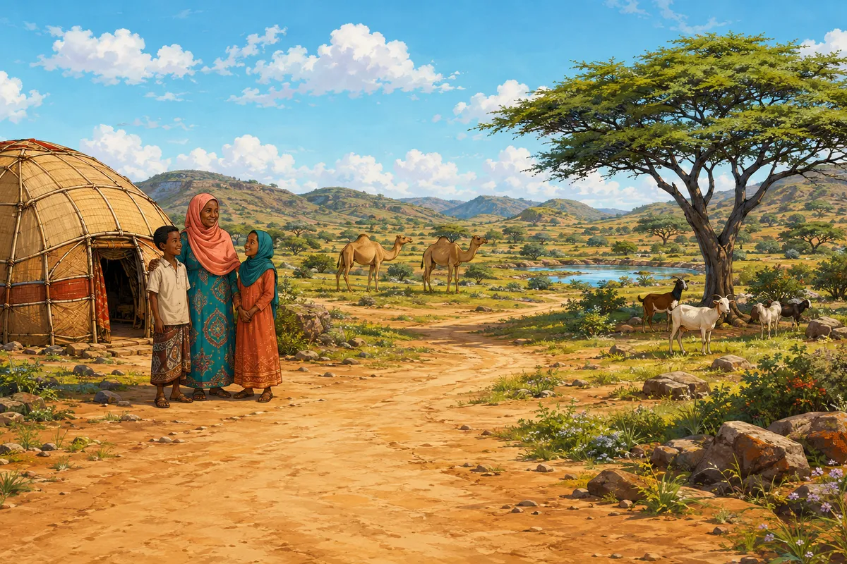 Illustration of a Somali countryside scene from Baadiyo Journey: an aqal, camels, acacia trees and a family