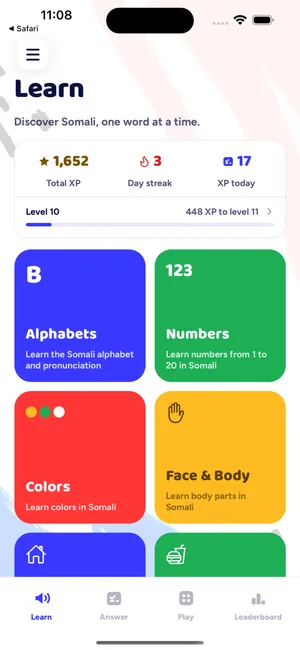 Learn tab with topics, XP and streak
