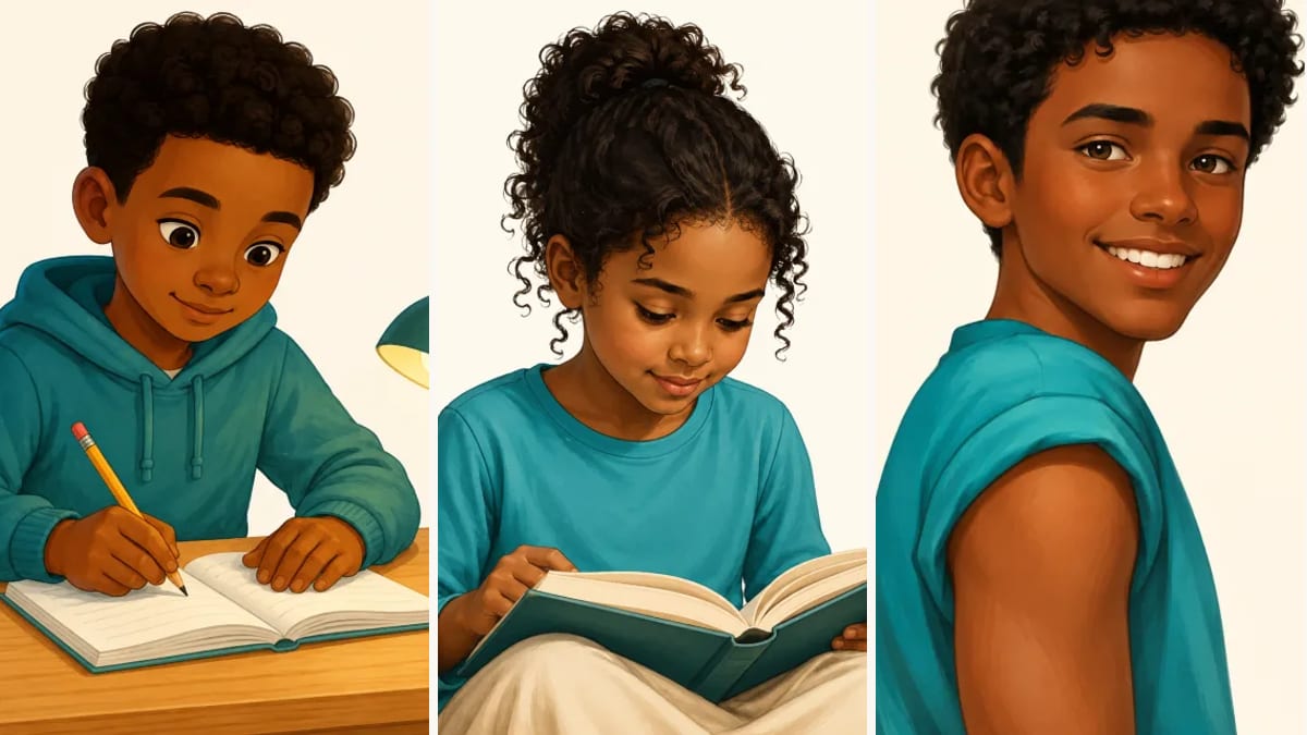 Illustration of a Somali boy at his desk, a girl reading and a smiling boy