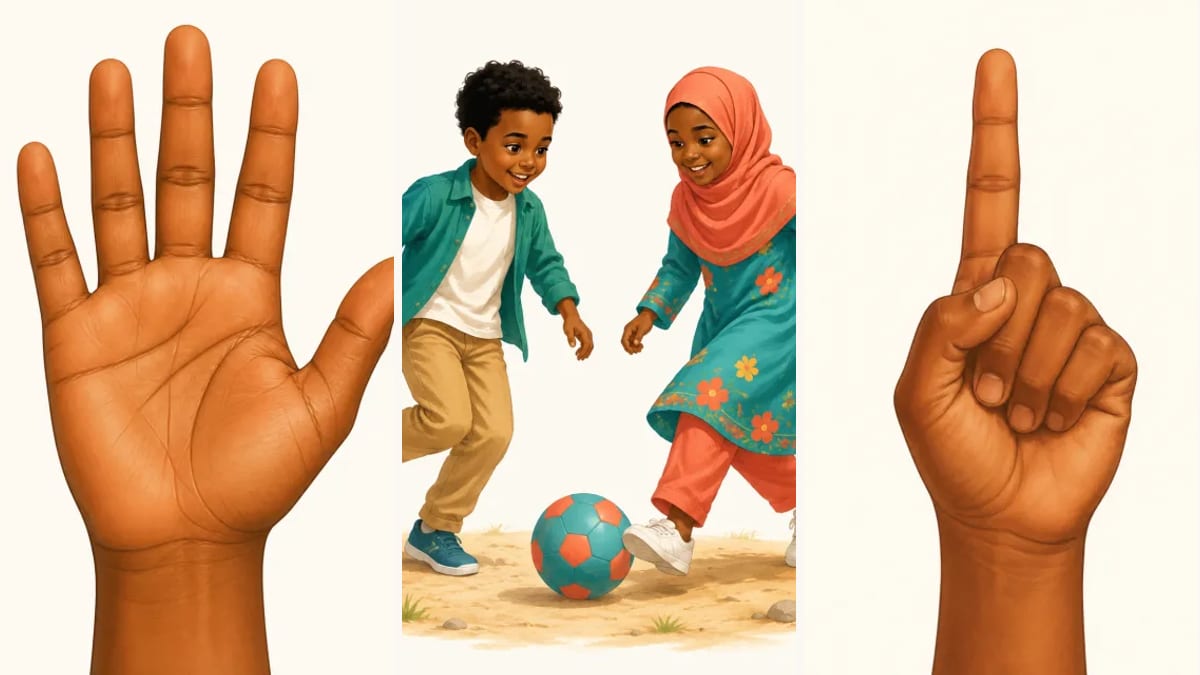 Illustration of a hand, Somali children playing football and a pointing finger