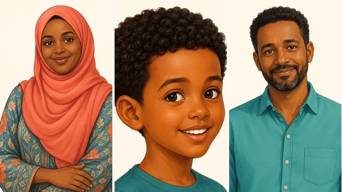 Illustration of a Somali mother, her son and father