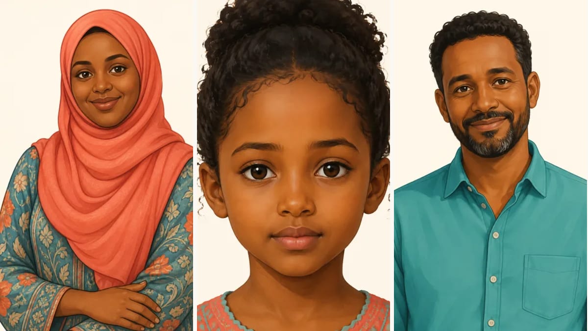 Illustration of a Somali mother, daughter and father
