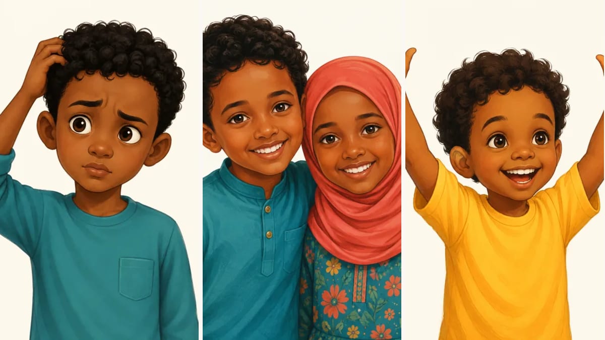 Illustration of a confused Somali boy, two friends and an excited boy