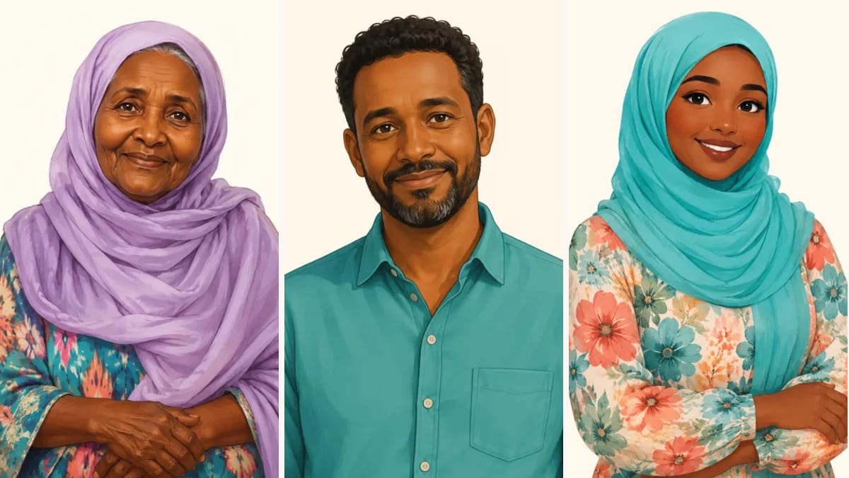 Illustration of a Somali grandmother, father and aunt, the kind of speakers who record Luuqad
