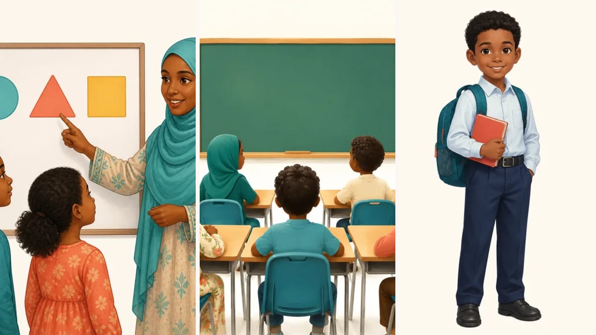 Illustration of a Somali teacher with pupils, a classroom and a student with a backpack