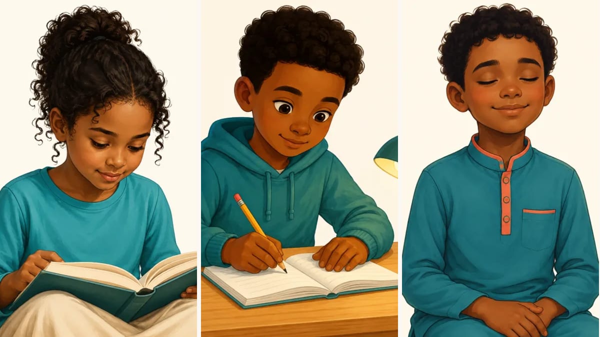 Illustration of a Somali girl reading, a boy doing homework and a calm boy
