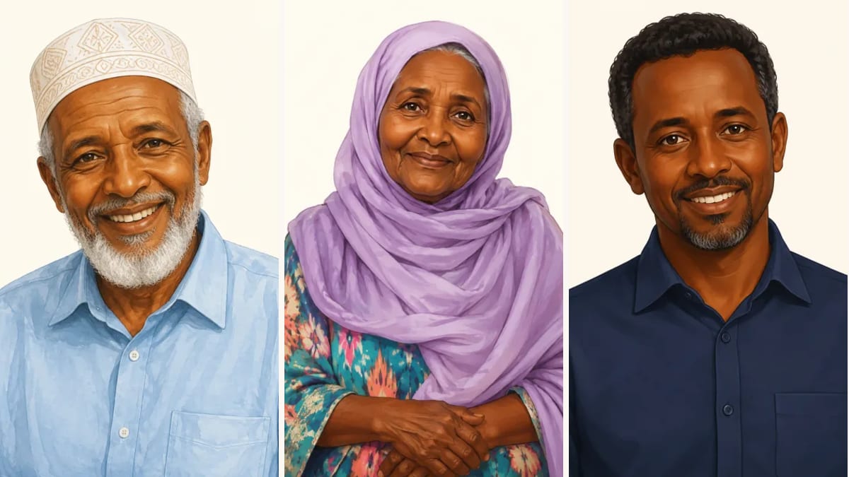 Illustration of a Somali grandfather, grandmother and uncle
