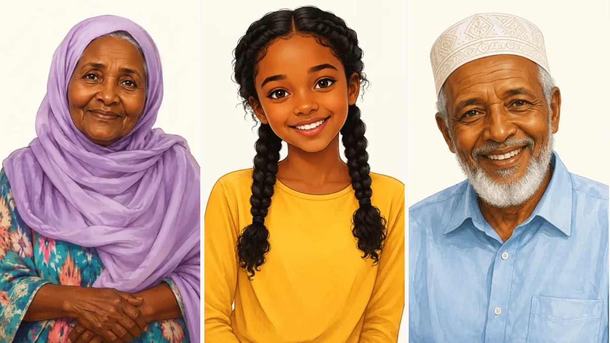 Illustration of a Somali grandmother, a girl and a grandfather