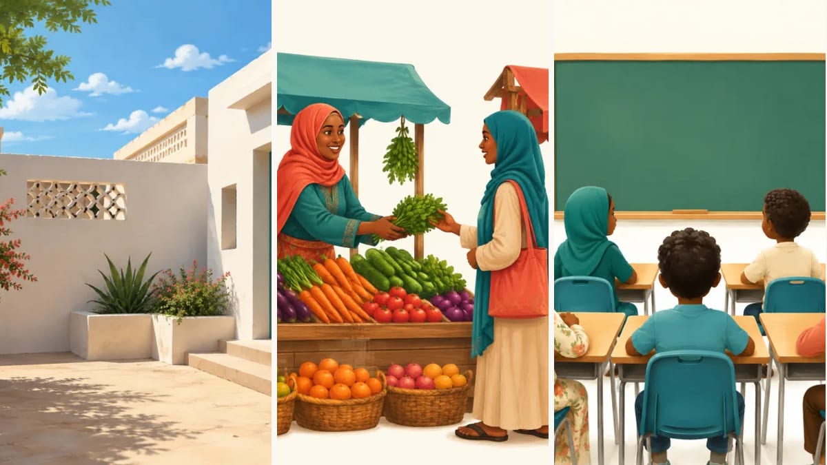 Illustrations of a Somali street, a market and a classroom