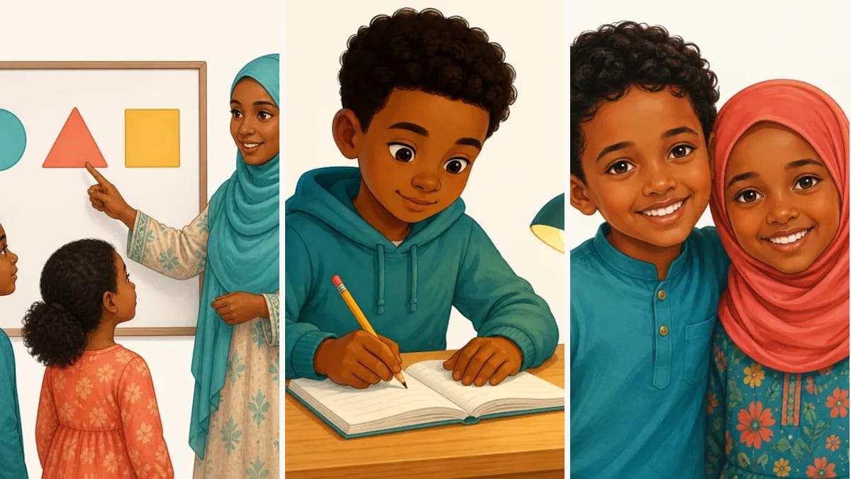 Illustration of a Somali teacher with children, a boy writing and two school friends