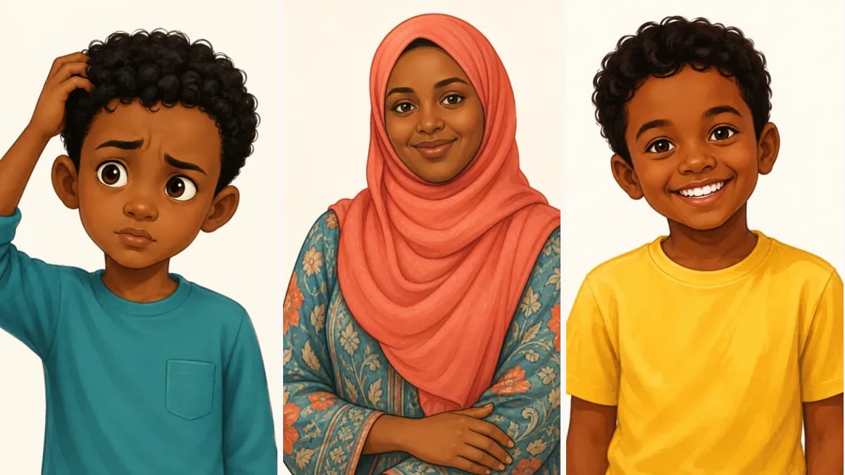 Illustration of a puzzled Somali boy, his mother and a smiling boy