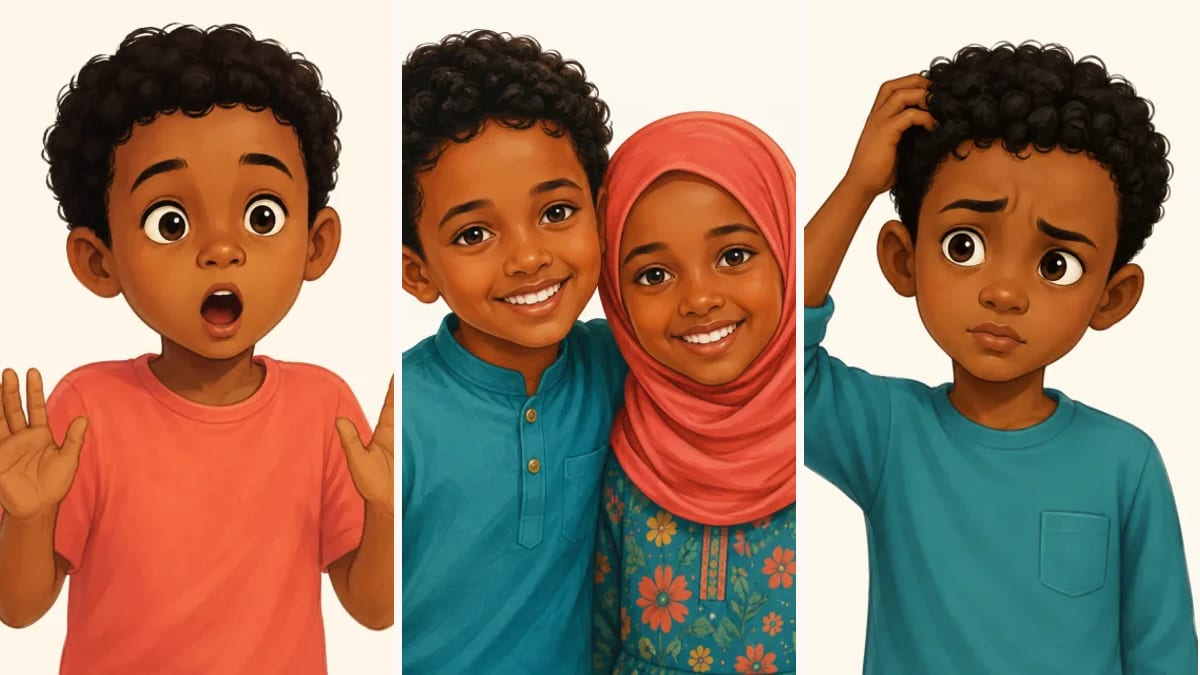 Illustration of a surprised Somali boy, two friends and a confused boy